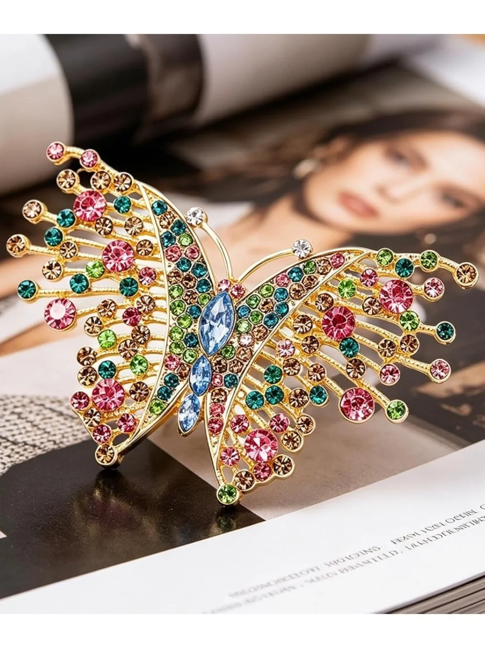 Anthropologie Gold-Tone Multicolor Crystal Butterfly Brooch